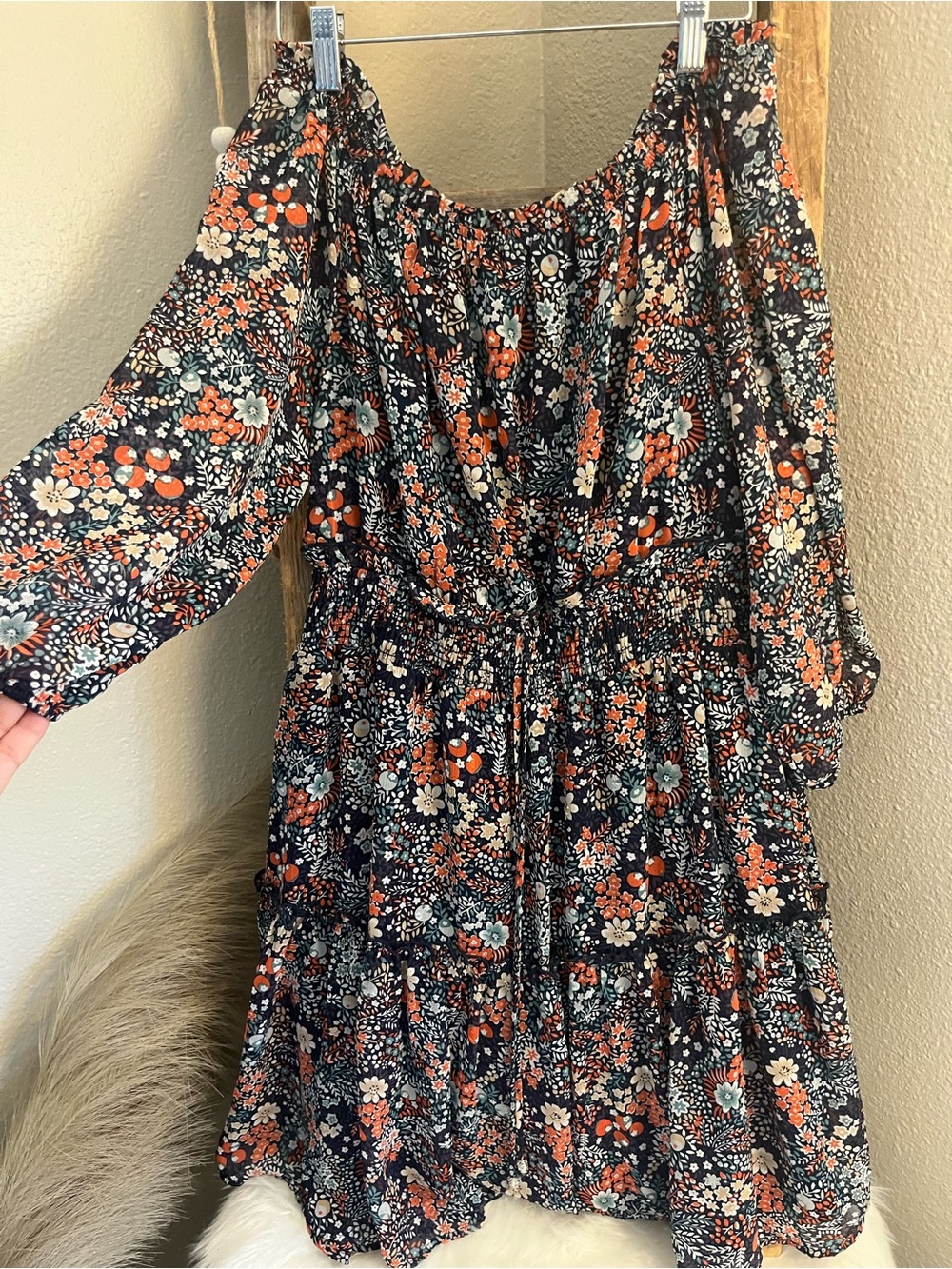 Navy Floral Off-Shoulder Casual Dress with Rust and Cream Accents